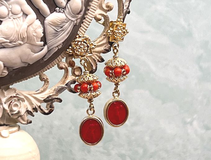TAGLIAMONTE Designs (SH273-Coral) 925SS/YGP + Venetian Cameo Earrings W/ Coral Beads*Reg.$250