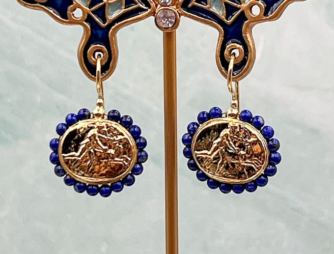 TAGLIAMONTE Designs (2065E) 925SS/YGP Cameo Earrings*Lapis*Diana,Acteon*Reg.$230