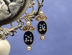 TAGLIAMONTE (1924-Citrine) 925SS/YGP Venetian Micro Mosaic Earrings *Citrine,Pearl*Miosotis*Reg.$280