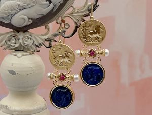 TAGLIAMONTE Designs (2086E) 925SS/YGP Lapis Cameo Earrings *Athena, Chariot*Reg.$280