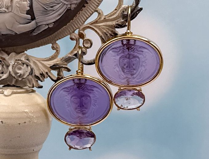 TAGLIAMONTE Designs (PN2830) 925SS/YGP Venetian Cameo Earrings *Medusa,Amethyst*Reg.$280