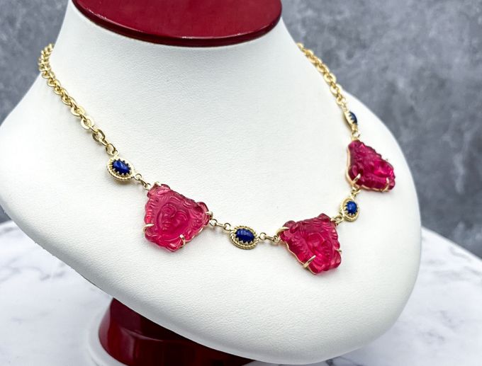 TAGLIAMONTE Designs (SH149N-Raspberry) 925SS/YGP Venetian Cameo Necklace*Lapis*Medusa*Reg.$625