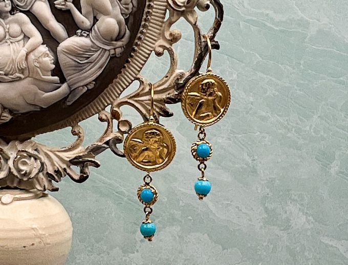 TAGLIAMONTE Designs (SH425) 18K  Cameo Earrings with Sleeping Beauty Turquoise*Angel Rafaello*Reg.$1280