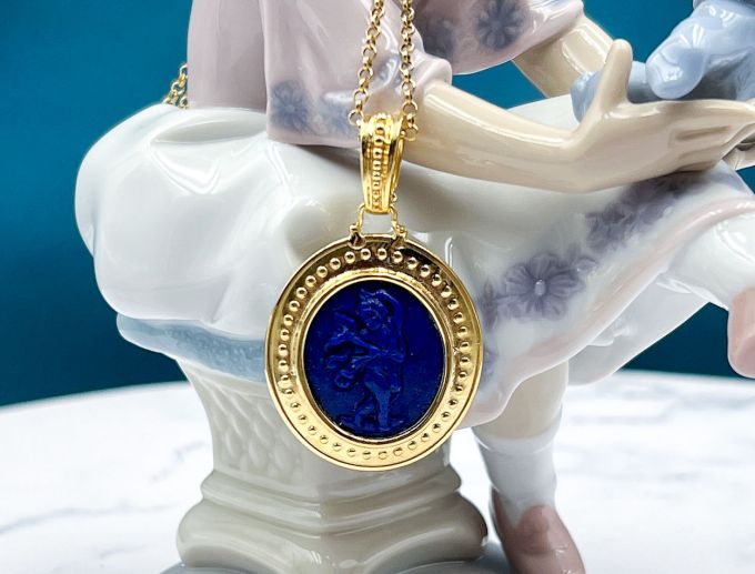 TAGLIAMONTE Designs (2192P) 925SS/YGP Lapis Cameo Pendant *Cupid*Reg.$200